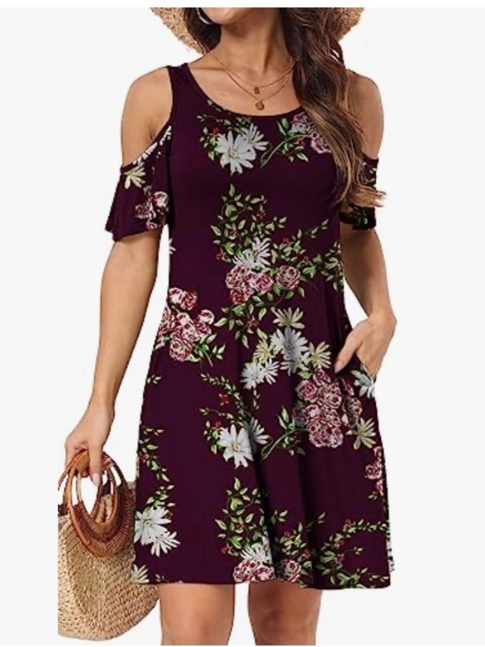 Floral Cold Shoulder Midi Dress in Burgundy Wine Size Large